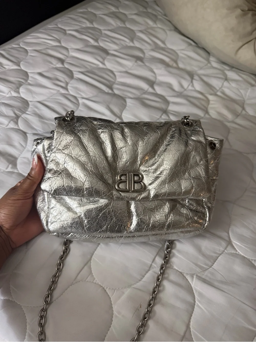 Balenciaga Metallic Silver Quilted BB Chain Shoulder Bag